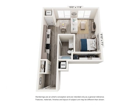 Floor plan for studio, 1 bath, 583 sqft